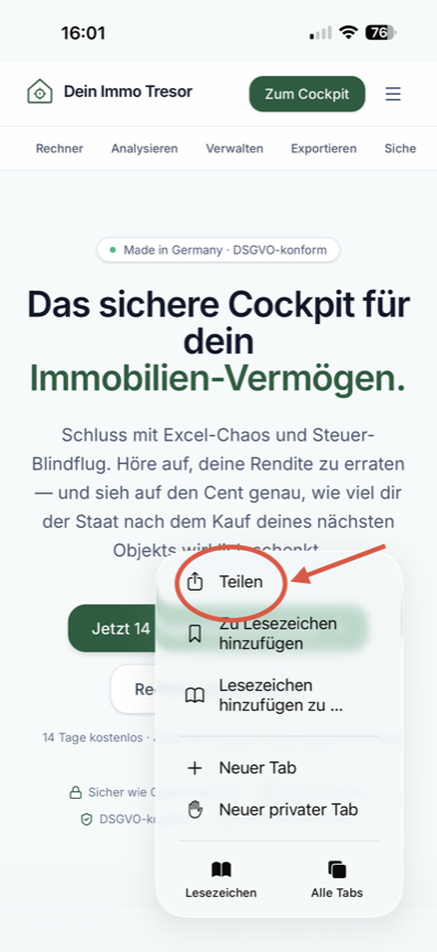 Schritt 2: Auf das „Teilen“-Symbol tippen